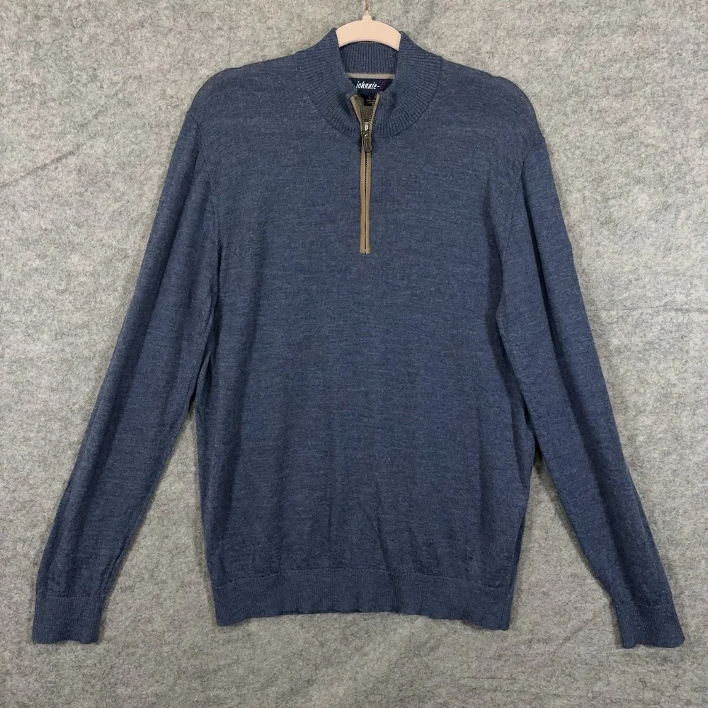 Johnnie O Merino Wool Blend Sweater Men Sz L Blue 1/4 Zip Lightweight LOGO